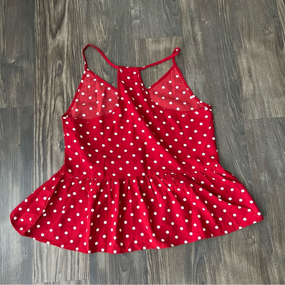 SHEIN Red and White Polka Dot Peplum Spaghetti Strap Top - Picture 3 of 10